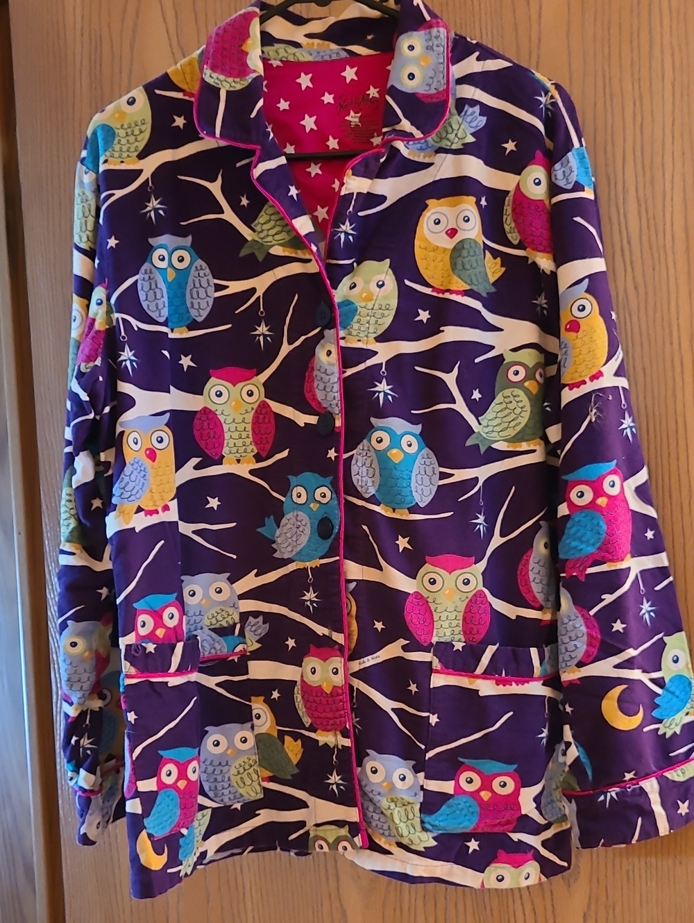 Nick & Nora Purple Owl Print Pajama Top with Multicolor Owls and Pink Piping